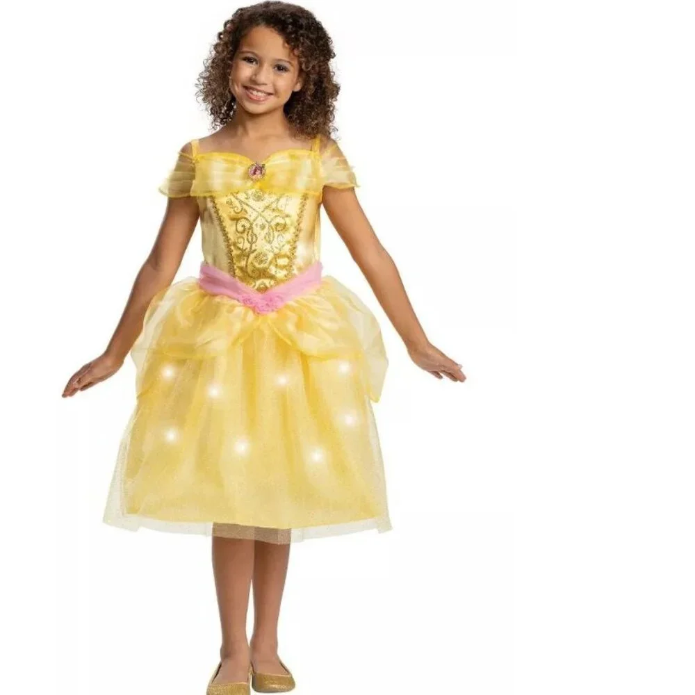 Princess Belle Light Up Halloween Costume 7/8 Yellow Dress Wand Girls Disney